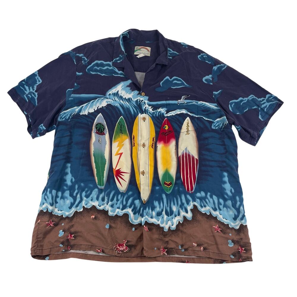 Paradise Found Surfboard Hawaiian Shirt Men's 3XL Purple Rayon 90s Vintage
